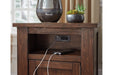 Budmore Brown End Table with USB Ports & Outlets - Lara Furniture