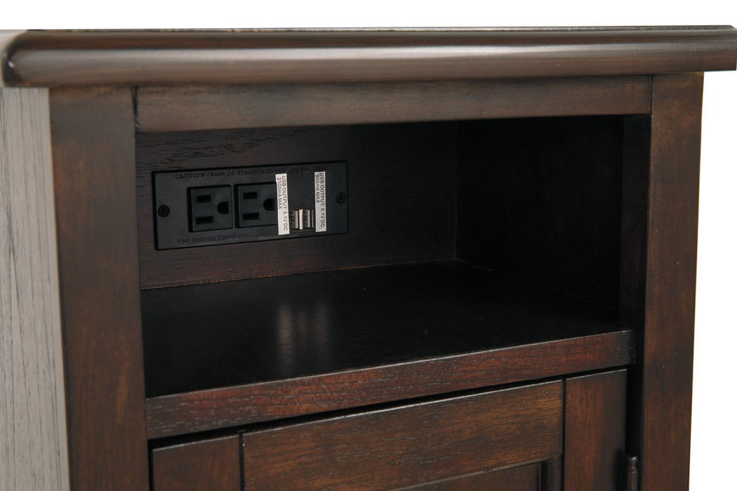 Barilanni Dark Brown Chairside End Table with USB Ports & Outlets - Lara Furniture