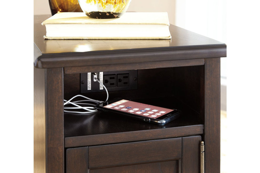 Barilanni Dark Brown Chairside End Table with USB Ports & Outlets - Lara Furniture