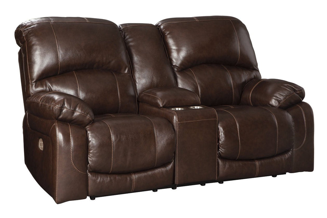 Hallstrung Chocolate Power Reclining Loveseat with Console - Lara Furniture