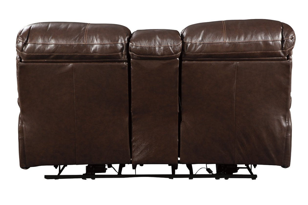 Hallstrung Chocolate Power Reclining Loveseat with Console - Lara Furniture