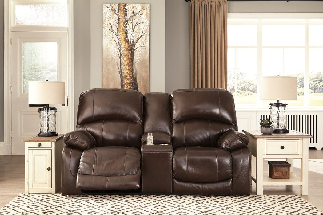 Hallstrung Chocolate Power Reclining Loveseat with Console - Lara Furniture