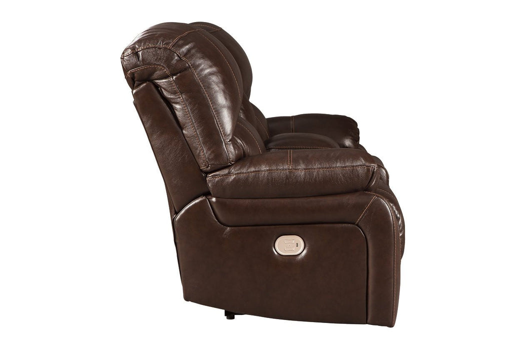 Hallstrung Chocolate Power Reclining Loveseat with Console - Lara Furniture