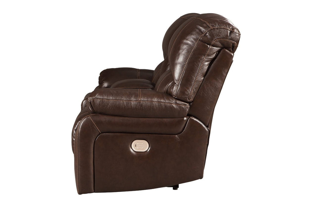 Hallstrung Chocolate Power Reclining Loveseat with Console - Lara Furniture