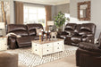 Hallstrung Chocolate Power Reclining Loveseat with Console - Lara Furniture