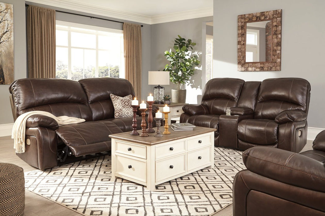 Hallstrung Chocolate Power Reclining Loveseat with Console - Lara Furniture