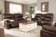 Hallstrung Chocolate Power Reclining Loveseat with Console - Lara Furniture