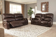 Hallstrung Chocolate Power Reclining Loveseat with Console - Lara Furniture