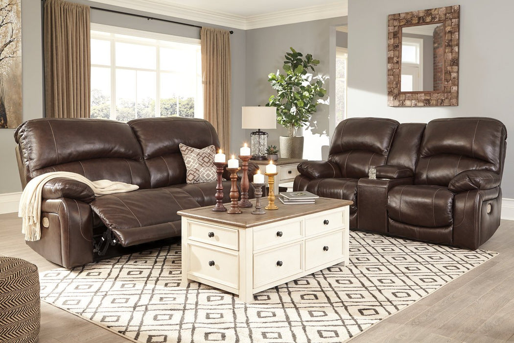 Hallstrung Chocolate Power Reclining Loveseat with Console - Lara Furniture