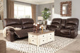 Hallstrung Chocolate Power Reclining Loveseat with Console - Lara Furniture