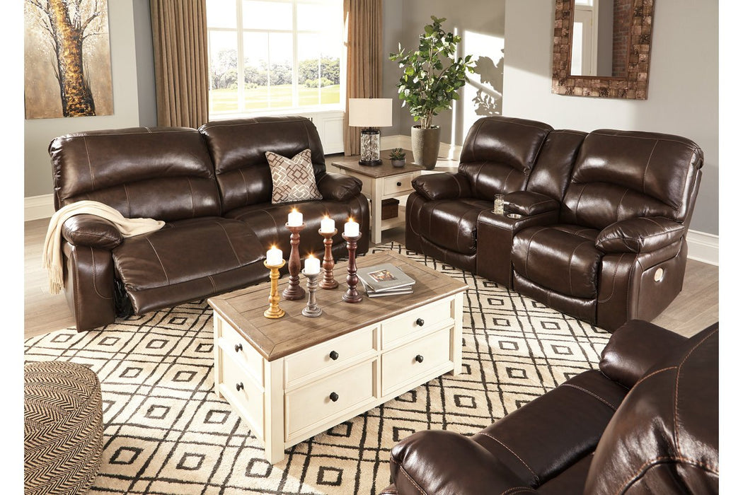 Hallstrung Chocolate Power Reclining Loveseat with Console - Lara Furniture