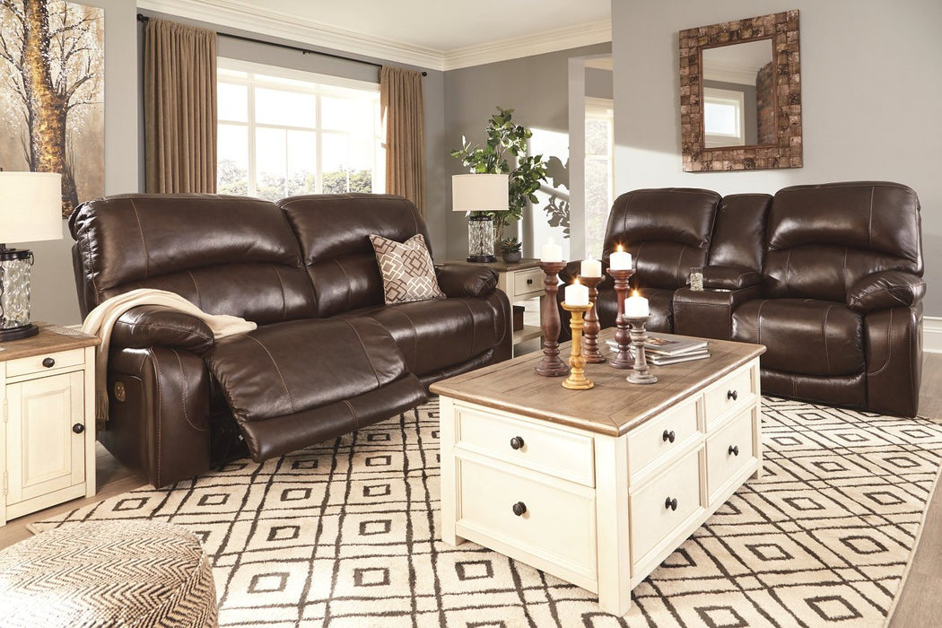 Hallstrung Chocolate Power Reclining Loveseat with Console - Lara Furniture