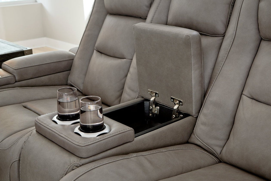 The Man-Den Gray Power Reclining Loveseat with Console - Lara Furniture