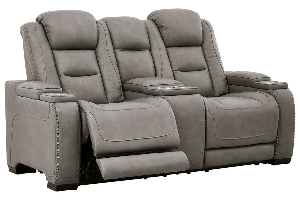 The Man-Den Gray Power Reclining Loveseat with Console - Lara Furniture